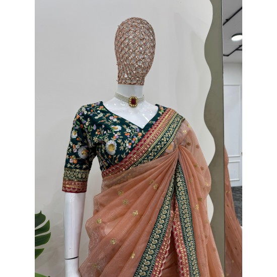 "Rusty Regal Net Saree with Embroidered Bangalori Blouse"