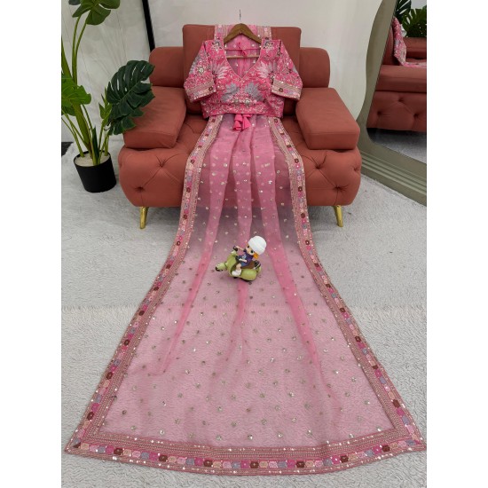 Rosé Radiance Saree – Organza Fabric with Mono Banglori Blouse