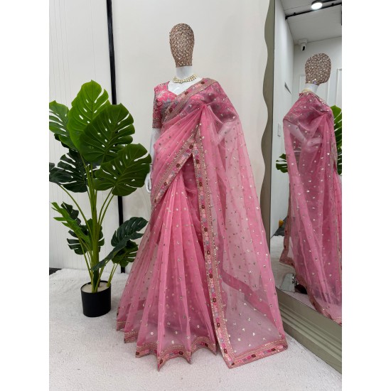 Rosé Radiance Saree – Organza Fabric with Mono Banglori Blouse