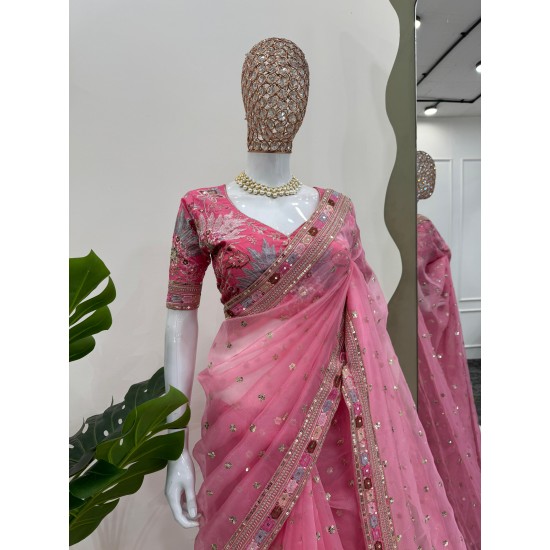 Rosé Radiance Saree – Organza Fabric with Mono Banglori Blouse