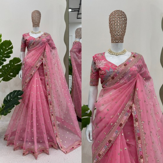 Rosé Radiance Saree – Organza Fabric with Mono Banglori Blouse
