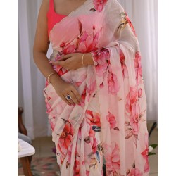 Printed Silk Saree – Blush Pink Floral