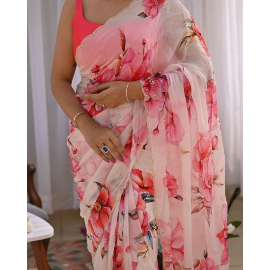 Printed Silk Saree – Blush Pink Floral