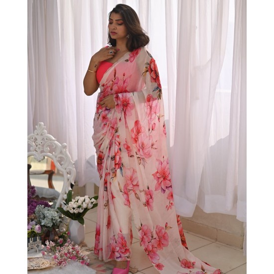 Printed Silk Saree – Blush Pink Floral