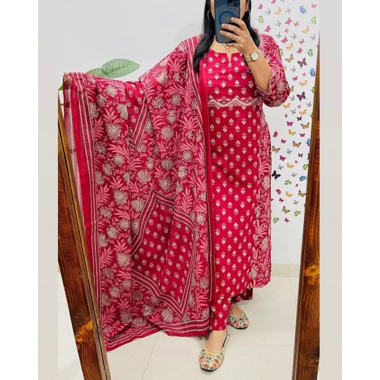 Magenta Block Print Cotton Suit Set 