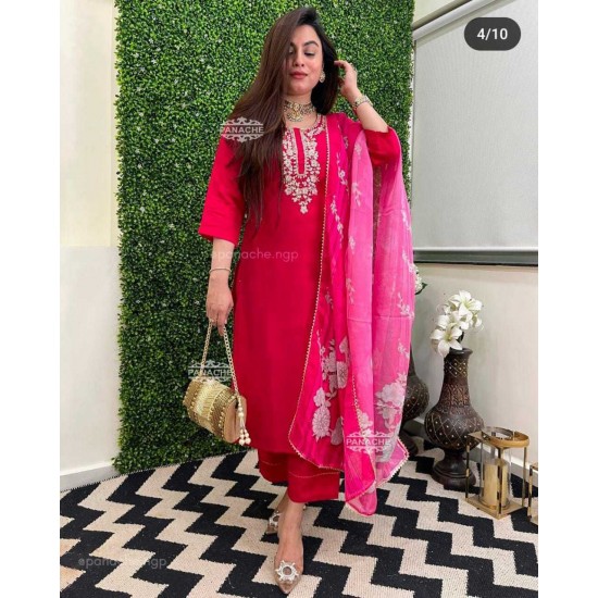 Gulnaar Embroidered Straight Suit Set – Hot Pink