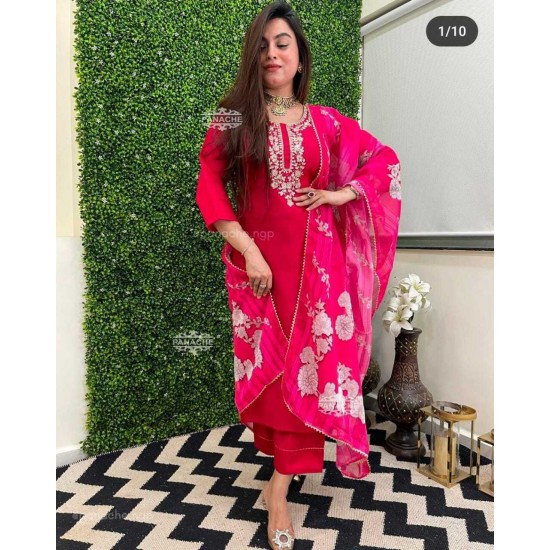 Gulnaar Embroidered Straight Suit Set – Hot Pink