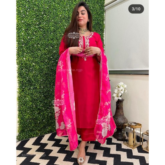 Gulnaar Embroidered Straight Suit Set – Hot Pink