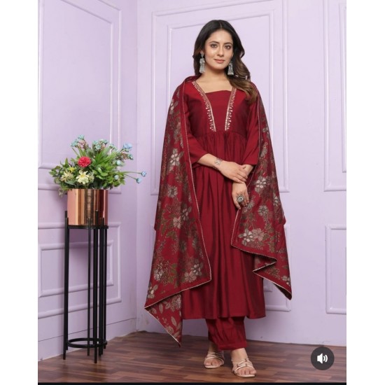Maroon Bloom Rayon Suit Set