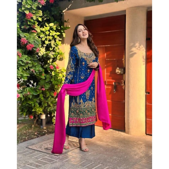 Royal Blue Chinon Silk Suit Set