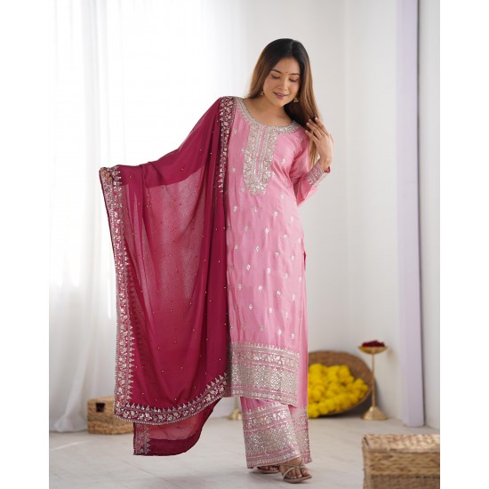 Blush Pink Chinon Silk Suit Set with Maroon Dupatta