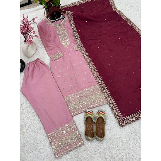 Blush Pink Chinon Silk Suit Set with Maroon Dupatta