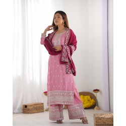Blush Pink Chinon Silk Suit Set with Maroon Dupatta