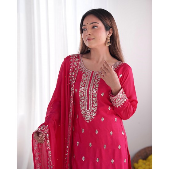 Hot Pink Chinon Silk Embroidered Suit Set