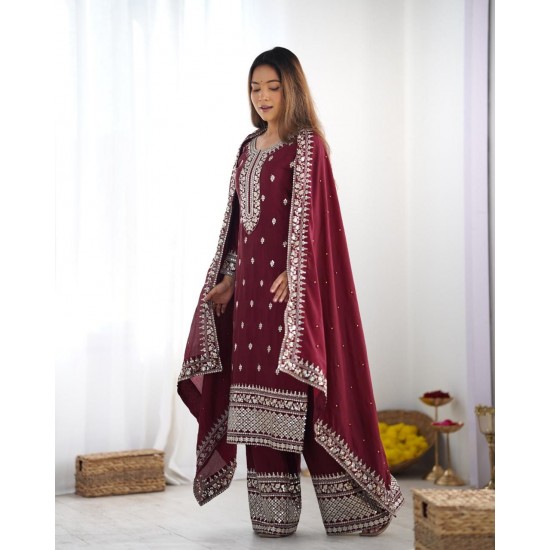 Maroon Chinon Silk Embroidered Suit Set