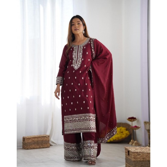 Maroon Chinon Silk Embroidered Suit Set