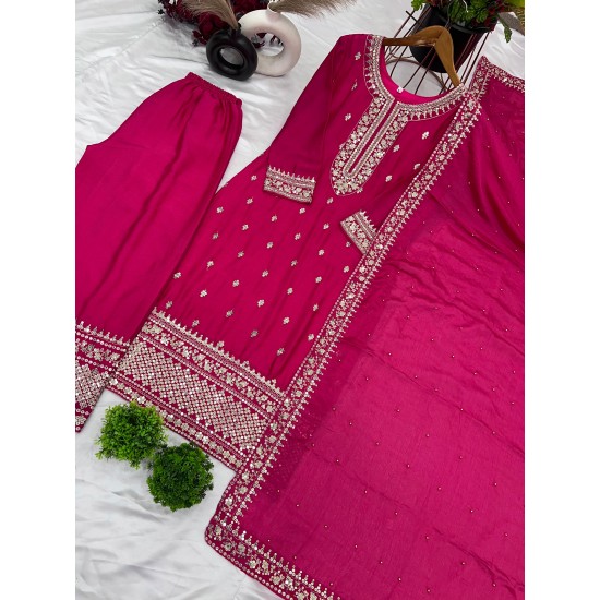 Hot Pink Chinon Silk Embroidered Suit Set