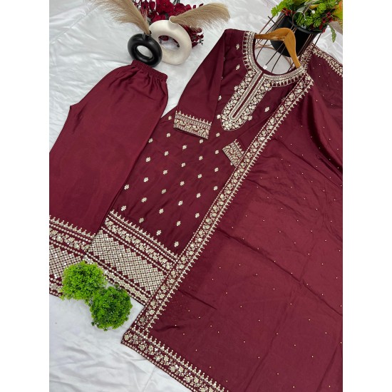Maroon Chinon Silk Embroidered Suit Set
