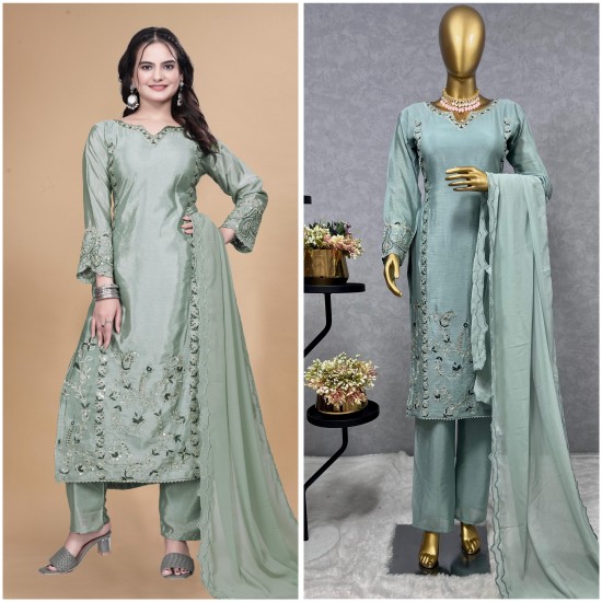 Sage Green Embroidered Silk Suit Set
