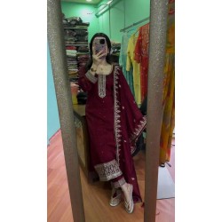 Wine Mirror Work Embroidered Suit Set