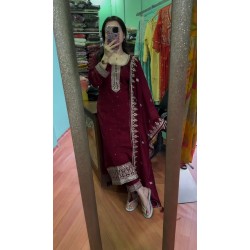 Wine Mirror Work Embroidered Suit Set