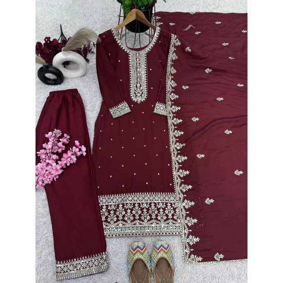Wine Mirror Work Embroidered Suit Set