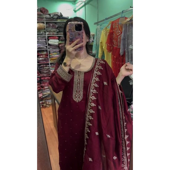 Wine Mirror Work Embroidered Suit Set
