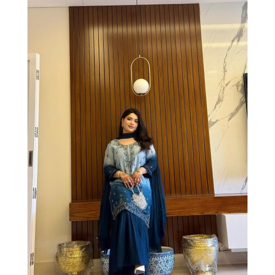 Ombre Elegance Chinon Silk Suit Set – Midnight Blue