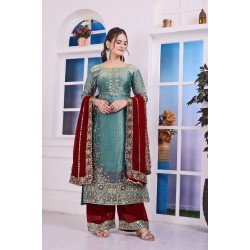 Regal Teal & Maroon Embroidered Sharara Suit