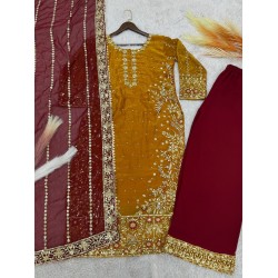 Mustard Gold Royal Embroidered Sharara Suit