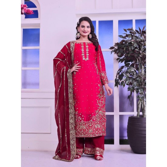 Crimson Bloom Embroidered Sharara Suit