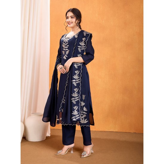 Midnight Black Bloom Embroidered Silk Suit Set