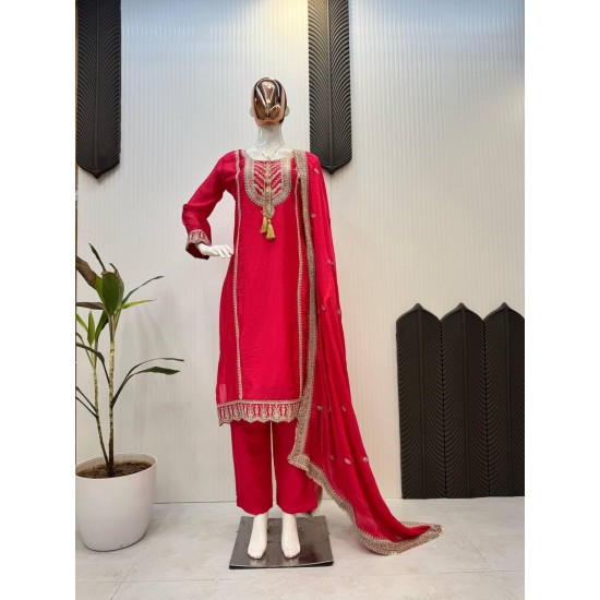 Ruby Red Embroidered Straight Suit