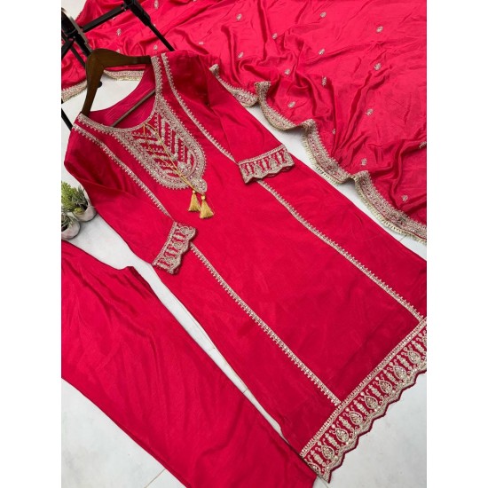 Ruby Red Embroidered Straight Suit