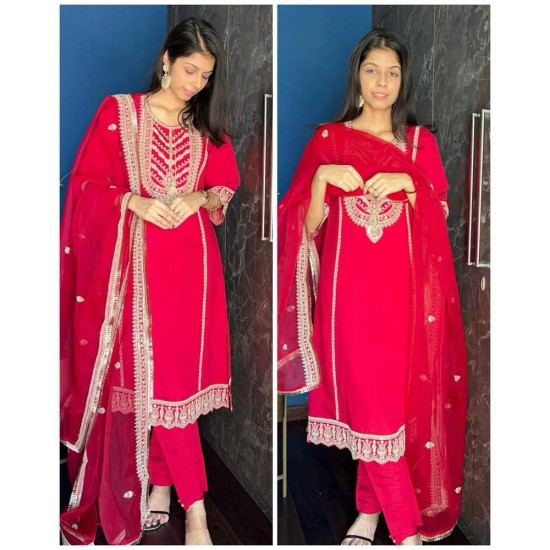 Ruby Red Embroidered Straight Suit