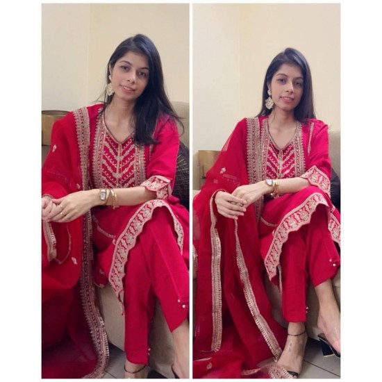 Ruby Red Embroidered Straight Suit