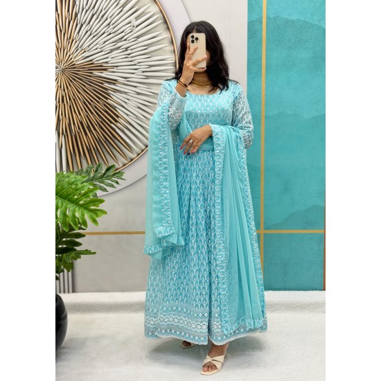 Sky Blue Chikankari Embroidered Anarkali Suit