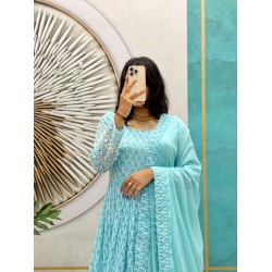 Sky Blue Chikankari Embroidered Anarkali Suit