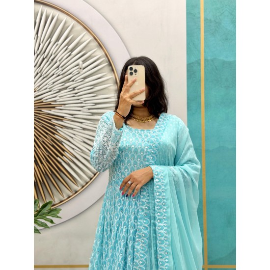 Sky Blue Chikankari Embroidered Anarkali Suit