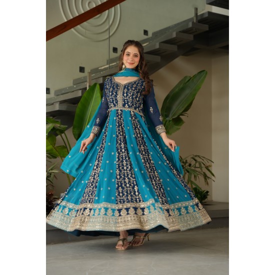 Navy Blue & Teal Royal Zari Embroidered Anarkali Suit