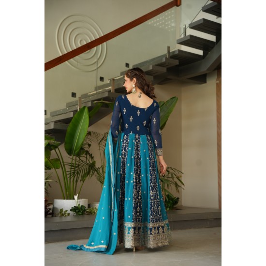 Navy Blue & Teal Royal Zari Embroidered Anarkali Suit