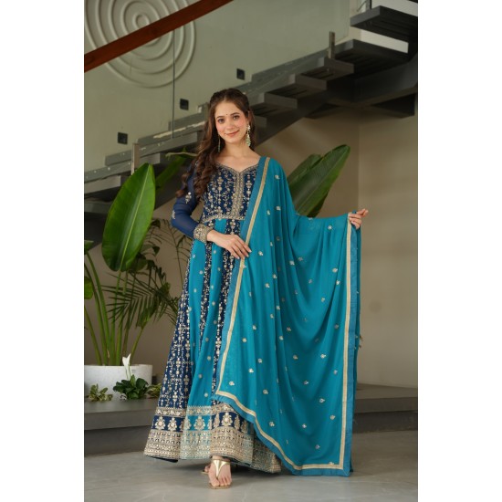 Navy Blue & Teal Royal Zari Embroidered Anarkali Suit