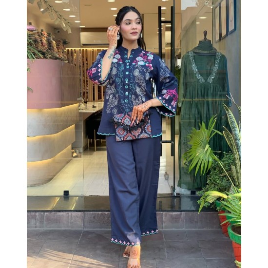 Blue Blossom Embroidered Co-Ord Set  Blue Blossom Embroidered Co-Ord Set
