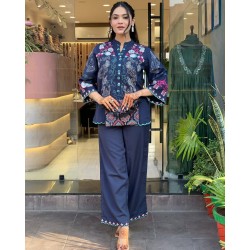 Blue Blossom Embroidered Co-Ord Set 