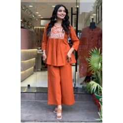 Rust Orange Embroidered Peplum Co-ord Set