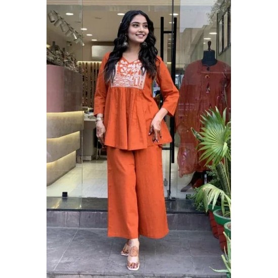 Rust Orange Embroidered Peplum Co-ord Set Rust Orange Embroidered Peplum Co-ord Set
