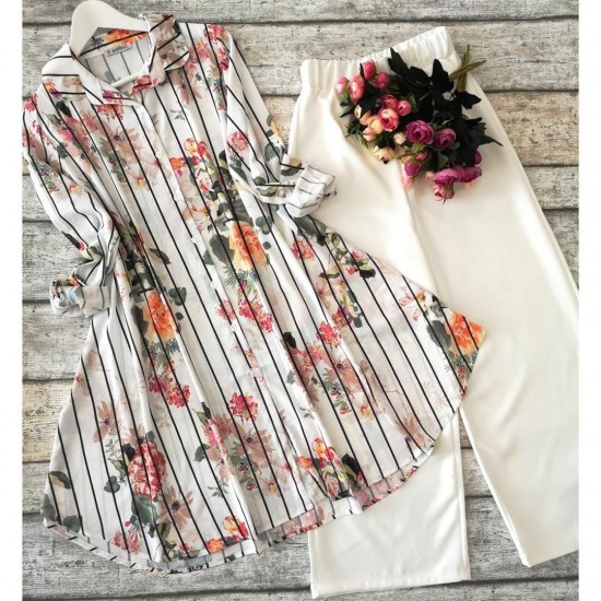 Floral Stripe Kurti with White Pants Set