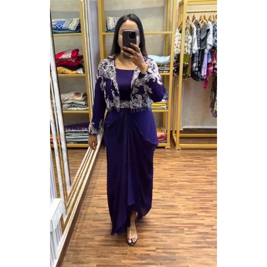 Royal Purple Draped Gown with Embroidered Jacket Royal Purple Draped Gown with Embroidered Jacket