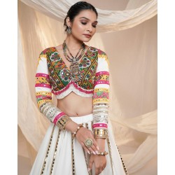 Multicolor Embroidered Mirror Work Choli with White Lehenga
