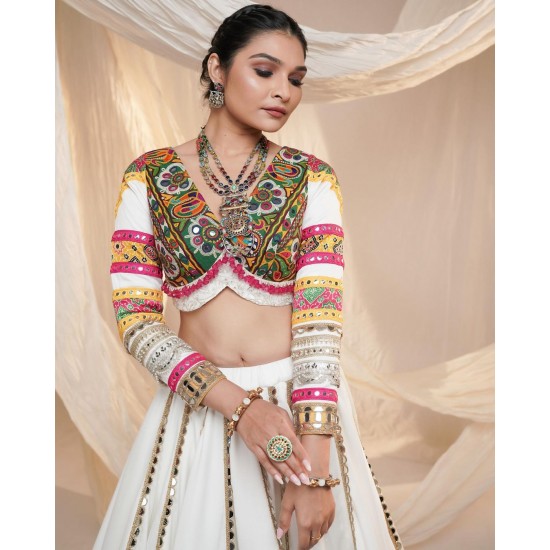 Multicolor Embroidered Mirror Work Choli with White Lehenga